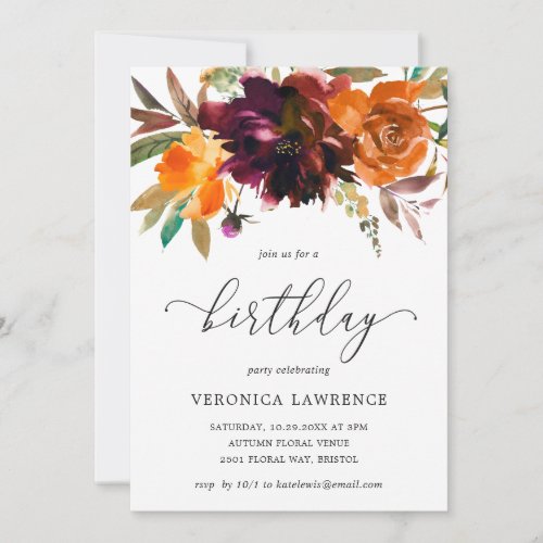 Fall Floral Orange Burgundy Woman Birthday Invitation