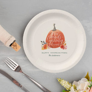 Fall Floral Orange Pumpkin Friendsgiving Dinner Paper Plates