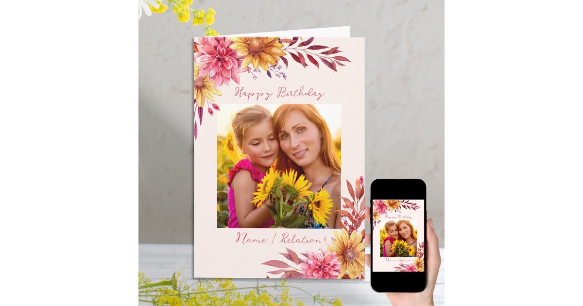 Fall Floral Personalized Photo Birthday Card | Zazzle