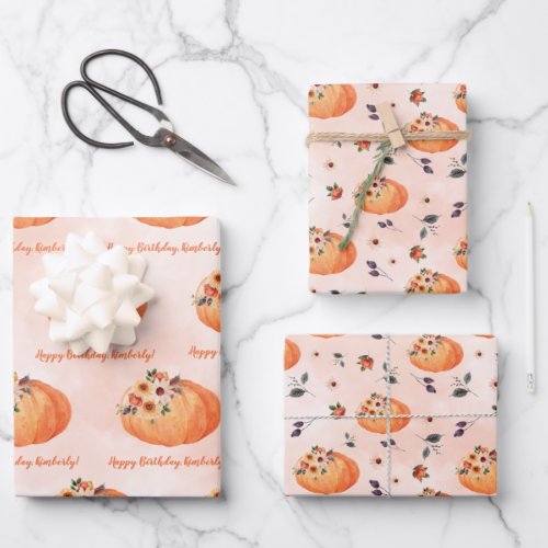 Fall Floral Personalized Pumpkin Wrapping Paper Sheets