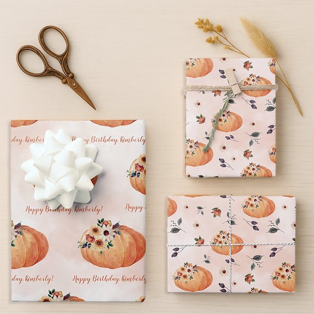 Fall Floral Personalized Pumpkin Wrapping Paper Sheets (Personalized Fall Birthday Gift Wrap)