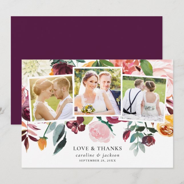 Fall Floral Photo Collage Wedding Thank You Card (Front/Back)