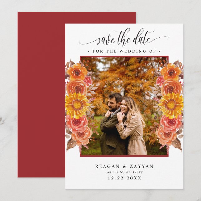 Fall Floral Photo Save the Date Card (Front/Back)