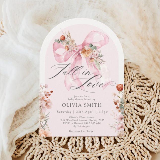 Fall Floral Pink Bow Fall in Love Baby Shower Invitation (Creator Uploaded)