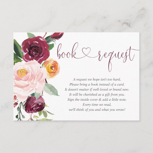 Fall floral pink burgundy baby shower book request enclosure card (Front)