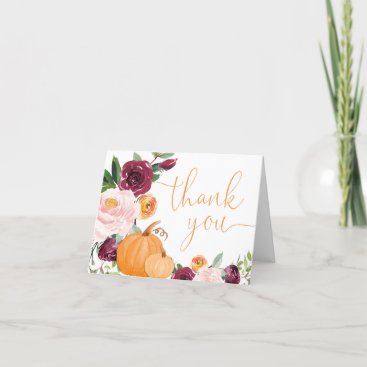 Fall floral pink burgundy little pumpkins thank you card