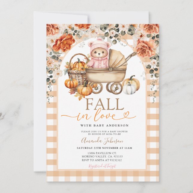 Fall Floral Pink Girl Gingham Bear Baby Shower Invitation (Front)