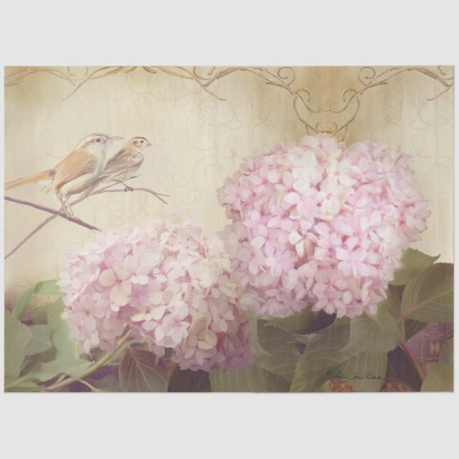 Fall Floral Pink Hydrangea Flowers Birds Decoupage Tissue Paper (Front)