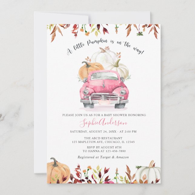 Fall Floral Pink Little Pumpkin Girl Baby Shower Invitation (Front)