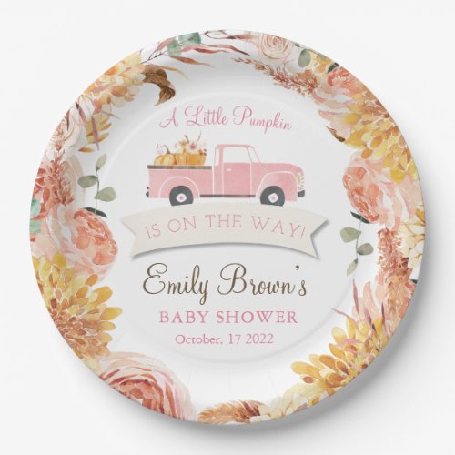 Fall Floral Pink Little PUMPKIN GIRL BABY SHOWER Paper Plates