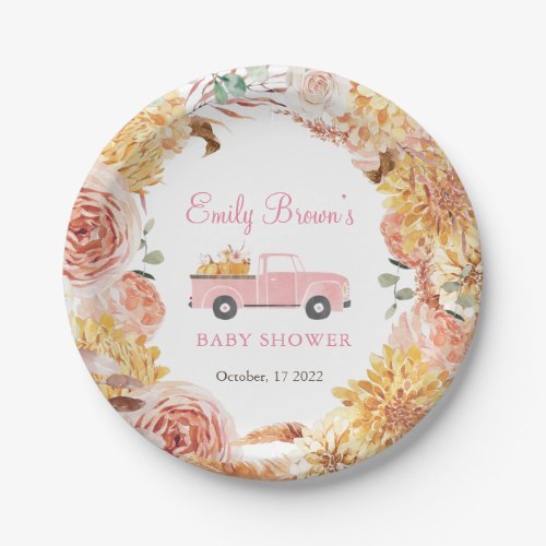 Fall Floral Pink Little PUMPKIN GIRL BABY SHOWER  Paper Plates