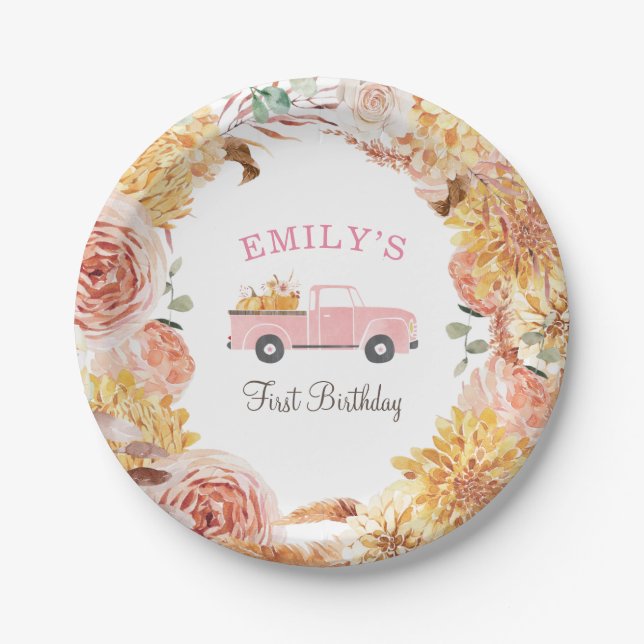 Fall Floral Pink Little PUMPKIN GIRL Birthday Paper Plates (Front)