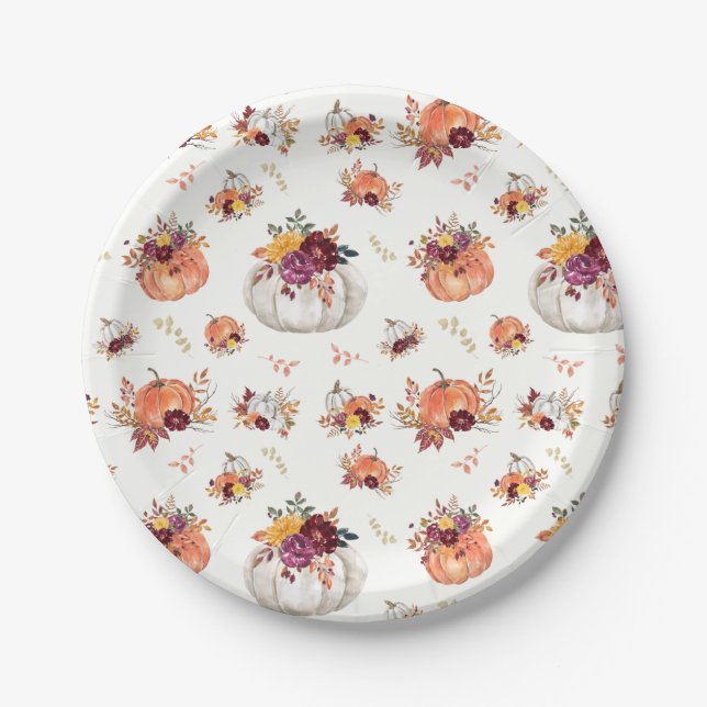 Fall floral pumpkin and leaves print paper plates (Front)