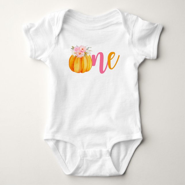 Fall Floral Pumpkin Baby Girl's 1st Birthday ONE B Baby Bodysuit (Front)