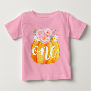 Fall Floral Pumpkin Baby Girl's 1st Birthday ONE Baby T-Shirt