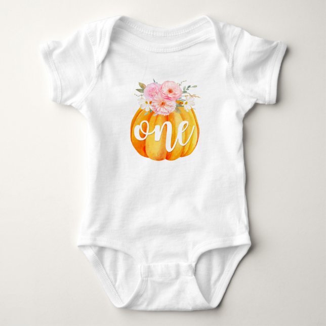 Fall Floral Pumpkin Baby Girl's 1st Birthday ONE Bodysuit (Front)