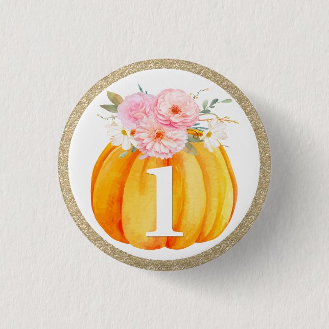 Fall Floral Pumpkin Baby Girl's 1st Birthday ONE Button (Front)