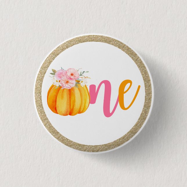 Fall Floral Pumpkin Baby Girl's 1st Birthday ONE Button (Front)
