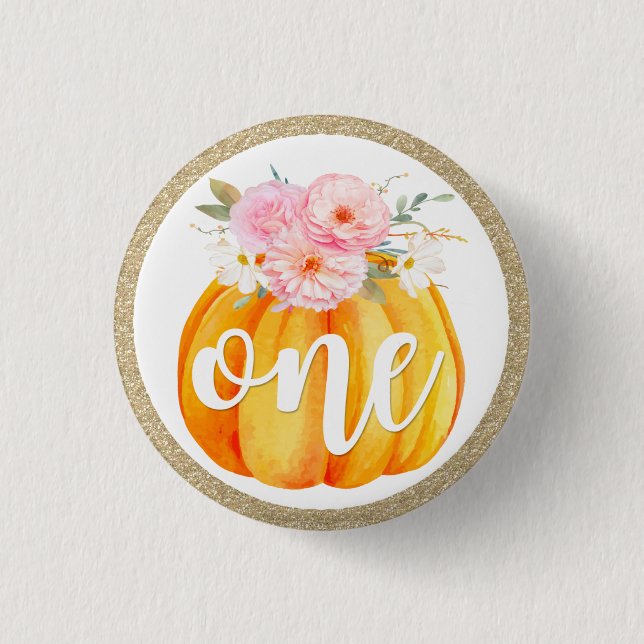 Fall Floral Pumpkin Baby Girl's 1st Birthday ONE Button (Front)