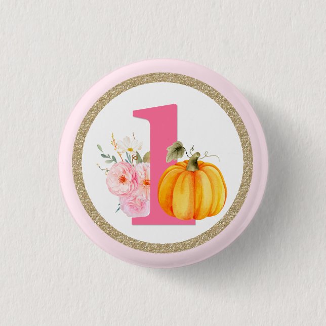 Fall Floral Pumpkin Baby Girl's 1st Birthday ONE Button (Front)