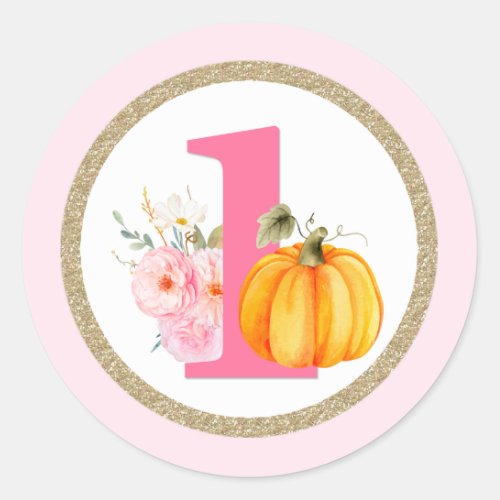 Fall Floral Pumpkin Baby Girls 1st Birthday ONE Classic Round Sticker