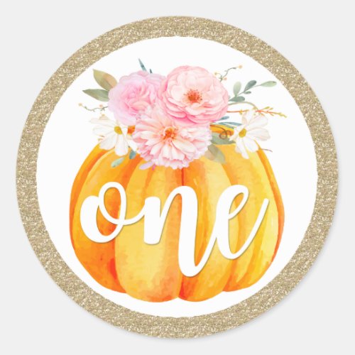 Fall Floral Pumpkin Baby Girls 1st Birthday ONE Classic Round Sticker