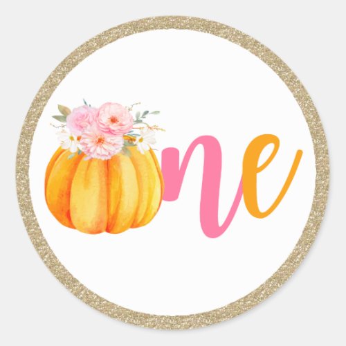 Fall Floral Pumpkin Baby Girls 1st Birthday ONE Classic Round Sticker