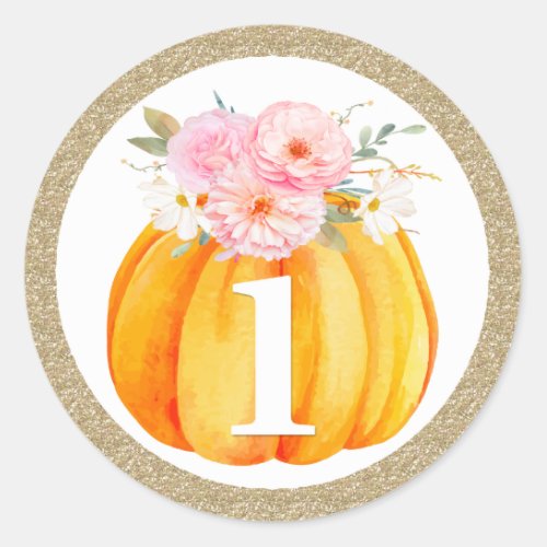 Fall Floral Pumpkin Baby Girls 1st Birthday ONE Classic Round Sticker