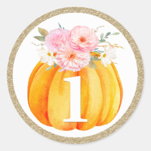 Fall Floral Pumpkin Baby Girl's 1st Birthday ONE Classic Round Sticker