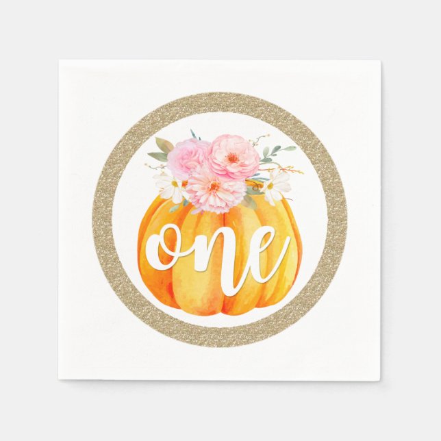 Fall Floral Pumpkin Baby Girl's 1st Birthday ONE Napkins (Front)
