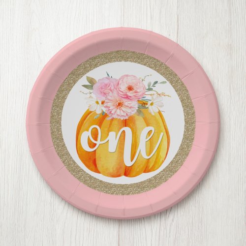 Fall Floral Pumpkin Baby Girls 1st Birthday ONE Paper Plates