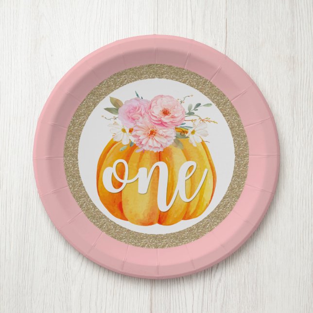Fall Floral Pumpkin Baby Girl's 1st Birthday ONE Paper Plates (Creator Uploaded)