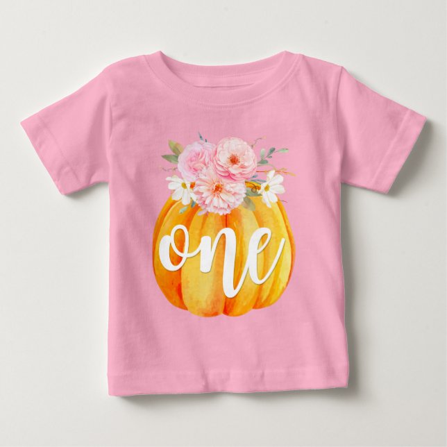 Fall Floral Pumpkin Baby Girl's 1st Birthday ONE T-Shirt (Front)
