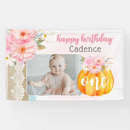 Fall Floral Pumpkin Baby Girls 1st Birthday Photo Banner