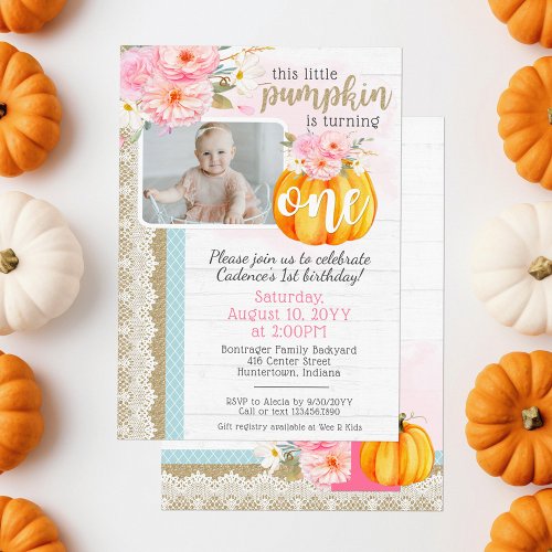 Fall Floral Pumpkin Baby Girls 1st Birthday Photo Invitation