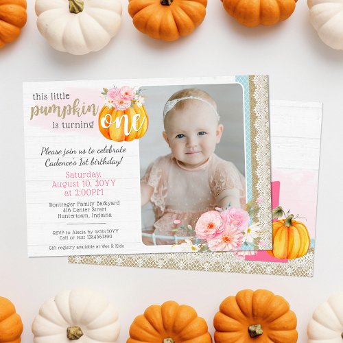 Fall Floral Pumpkin Baby Girls 1st Birthday Photo Invitation