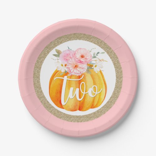 Fall Floral Pumpkin Baby Girls 2nd Birthday TWO Paper Plates