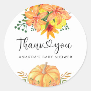 Fall floral pumpkin baby shower thank you classic round sticker