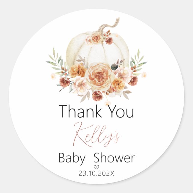 Fall Floral Pumpkin Baby Shower Thank You Sticker (Front)