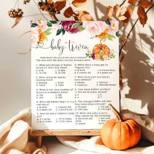 Fall floral pumpkin Baby trivia baby shower game