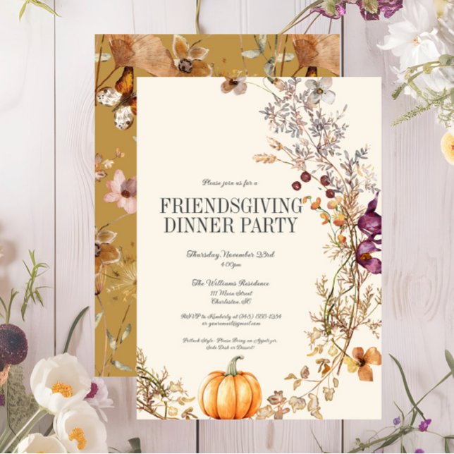 Fall Floral Pumpkin Friendsgiving Dinner Party Invitation (Fall Floral Friendsgiving Dinner Invitation, Pumpkin Autumn Thanksgiving Invite, Wildflowers )