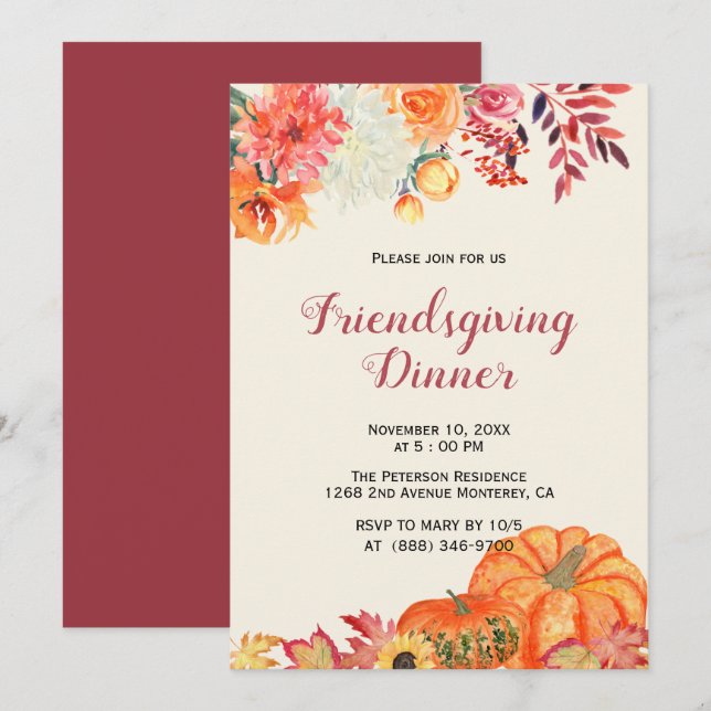 Fall Floral Pumpkin Friendsgiving Invitations (Front/Back)