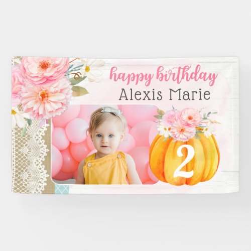 Fall Floral Pumpkin Girls Custom Birthday Photo Banner