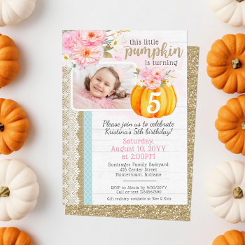 Fall Floral Pumpkin Girl's Custom Birthday Photo Invitation by CyanSkyCelebrations at Zazzle
