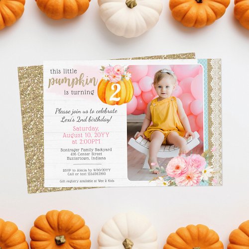 Fall Floral Pumpkin Girls Custom Birthday Photo Invitation
