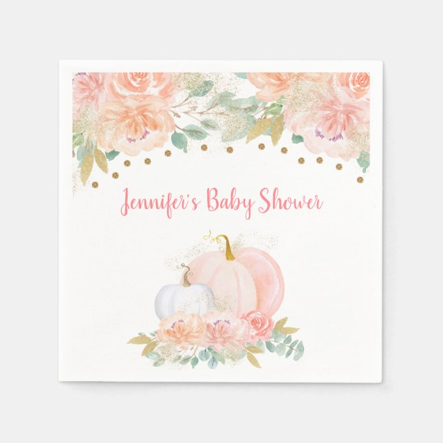 Fall Floral Pumpkin Pink & Gold Baby Shower Napkins (Front)