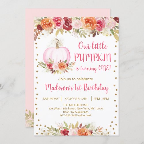 Fall Floral Pumpkin Pink  Gold Birthday Invitation