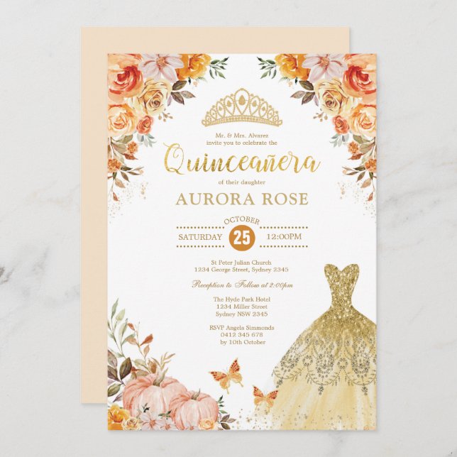Fall Floral Pumpkin Quinceañera Mis Quince Anos Invitation (Front/Back)