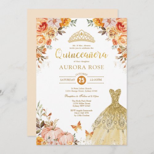 Fall Floral Pumpkin Quinceaera Mis Quince Anos Invitation