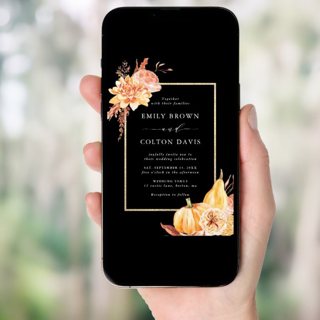 Fall Floral Pumpkin Rustic Wedding Black Invitation (Front Digital)